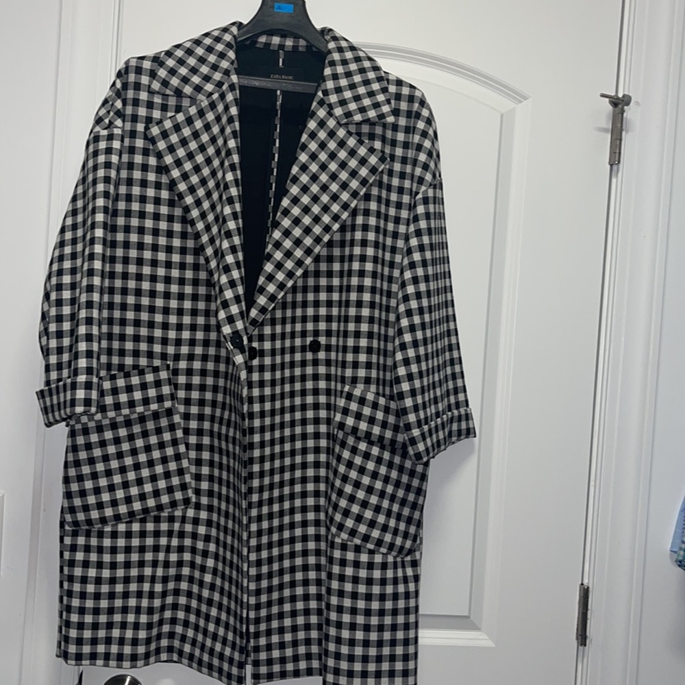 Zara Black and White Gingham Trench Coat - Picture 3 of 5